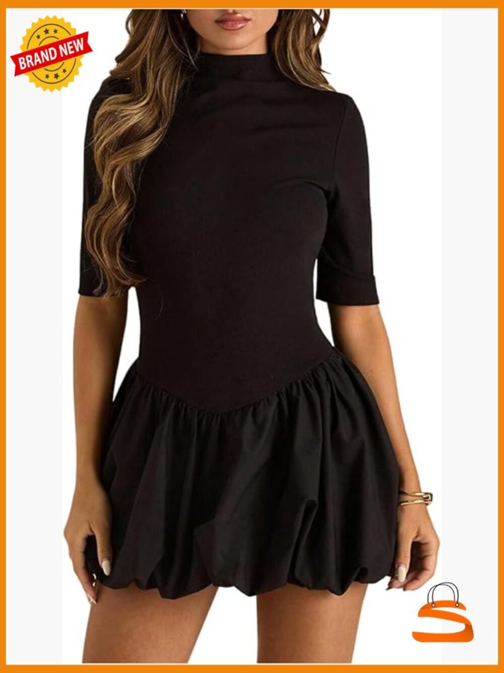 Y2K Bubble Mini Dress with Shorts, Mock Neck, A-Line, Party